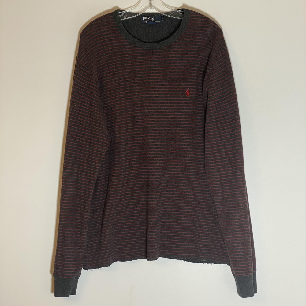 Polo Ralph‎ Lauren Sweater Mens XL Gray Red Stripe Thermal Cotton Crewneck
